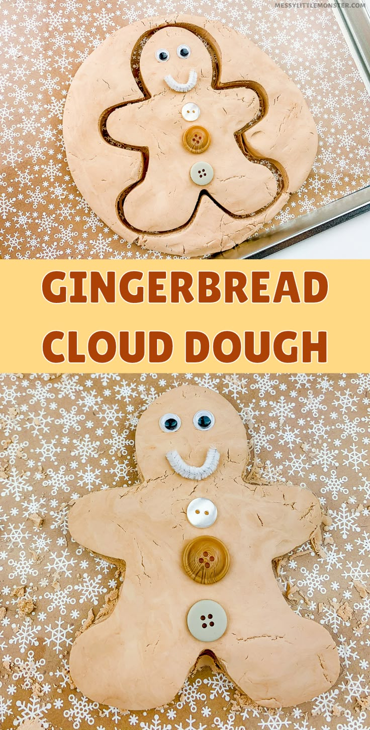 gingerbread cloud dough with buttons on it and the words gingerbread in white letters