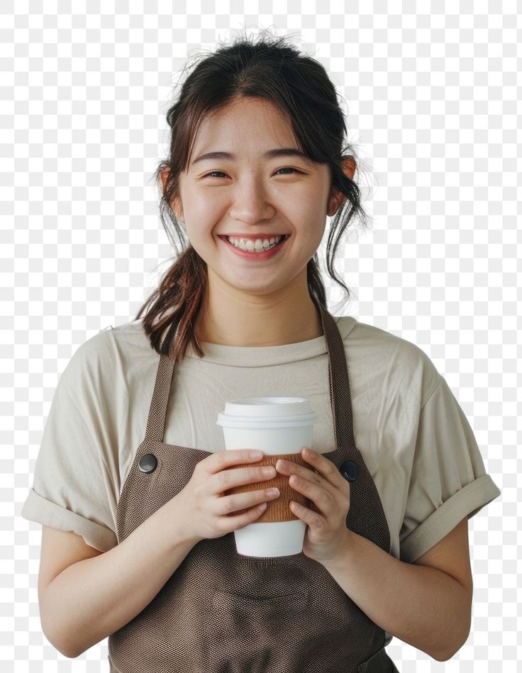 a woman holding a coffee cup and smiling