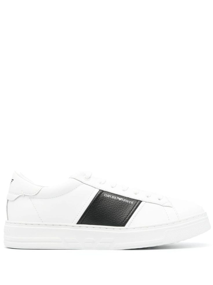 optical white/black calf leather smooth grain grained texture side stripe detailing logo print to the side logo print to the rear logo patch at the tongue logo at the sole round toe front lace-up fastening branded insole flat rubber sole Armani Logo, Detailing Logo, Side Stripe, Printed Leather, Sneakers White, Mens Shoes Sneakers, Leather Sneakers, Emporio Armani, Logo Print