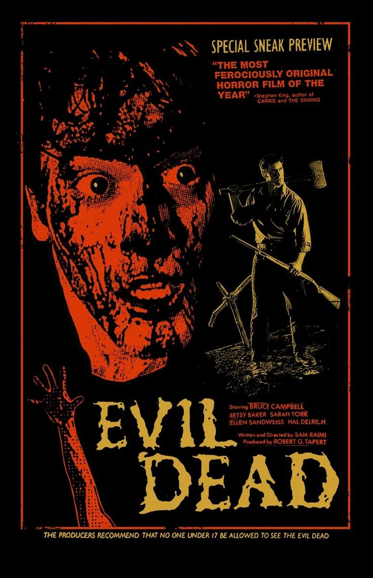 the evil dead movie poster with an image of a man holding a knife in his hand