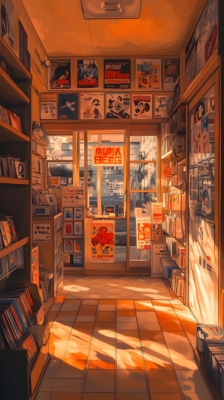 a room filled with lots of books and posters on the wall next to a window