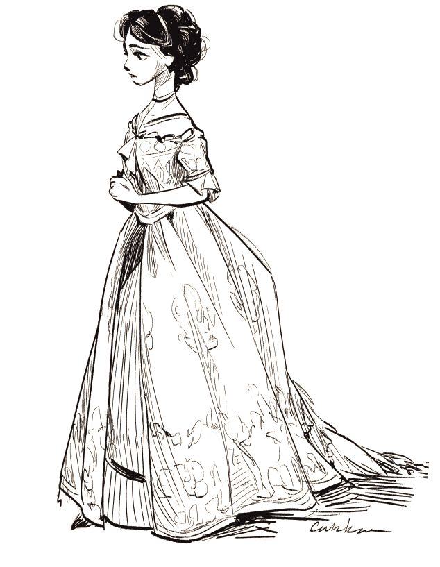 a black and white drawing of a girl in a dress