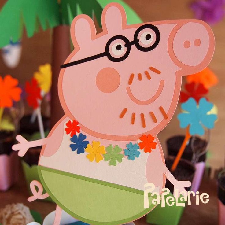 a paper cut out of peppa the pig with flowers on his chest and eyeglasses