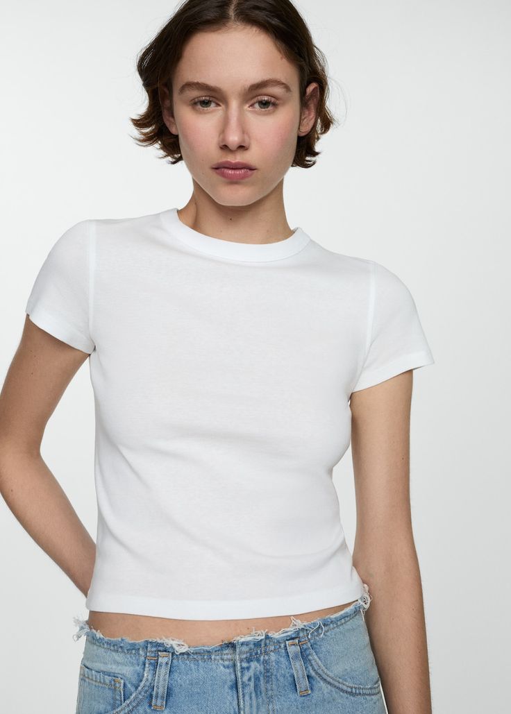 100% cotton T-shirt - Woman | MANGO USA Perfect White Tee, Tshirt Pattern, T Shirt And Jeans, Dress With Bow, White T Shirt, White T, Striped Shirt, Capsule Wardrobe, Cotton T Shirt