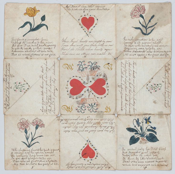 four envelopes with flowers and hearts on them, all decorated in different designs from the same era