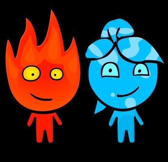 two cartoon characters are standing next to each other in front of a fire and black background