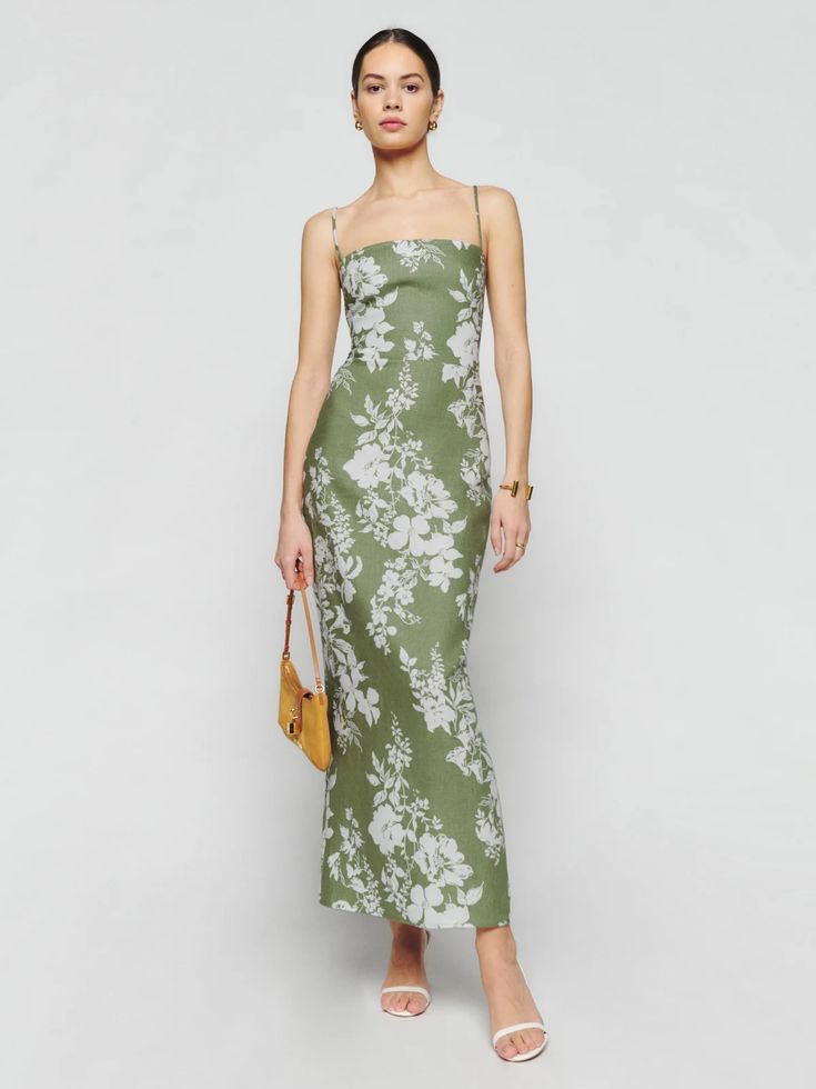 Frankie Linen Dress - Sleeveless | Reformation Daytime Dress, Bm Dresses, Party Hardy, Guest Attire, Ankle Length Dress, Reformation Dress, Green Floral Dress, Straight Neckline, Reformation Dresses