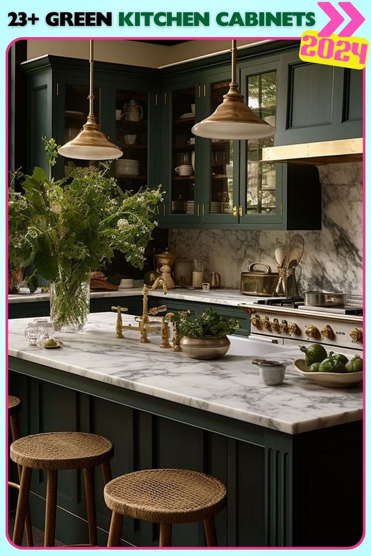 an image of a kitchen setting with green cabinets and white marble counter tops in the center