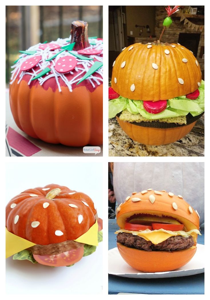 four pictures of pumpkins and hamburgers made to look like food