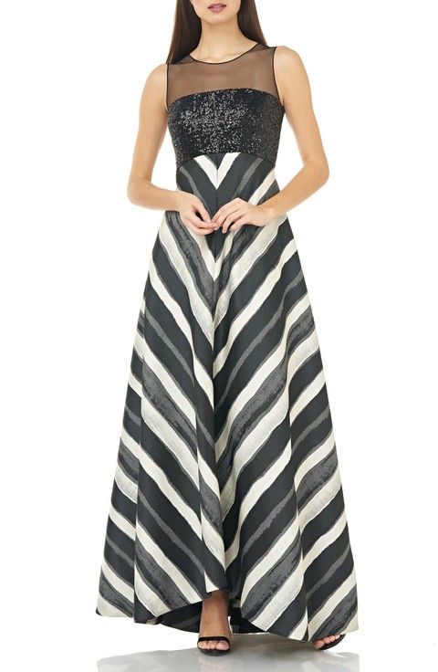 Formal Gowns and Dresses for Black Tie Weddings Hollywood Red Carpet, Designer Evening Gowns, Carmen Marc Valvo, Striped Skirt, Chevron Stripe, Dress The Population, Gowns With Sleeves, Stripe Skirt, Trending Dresses