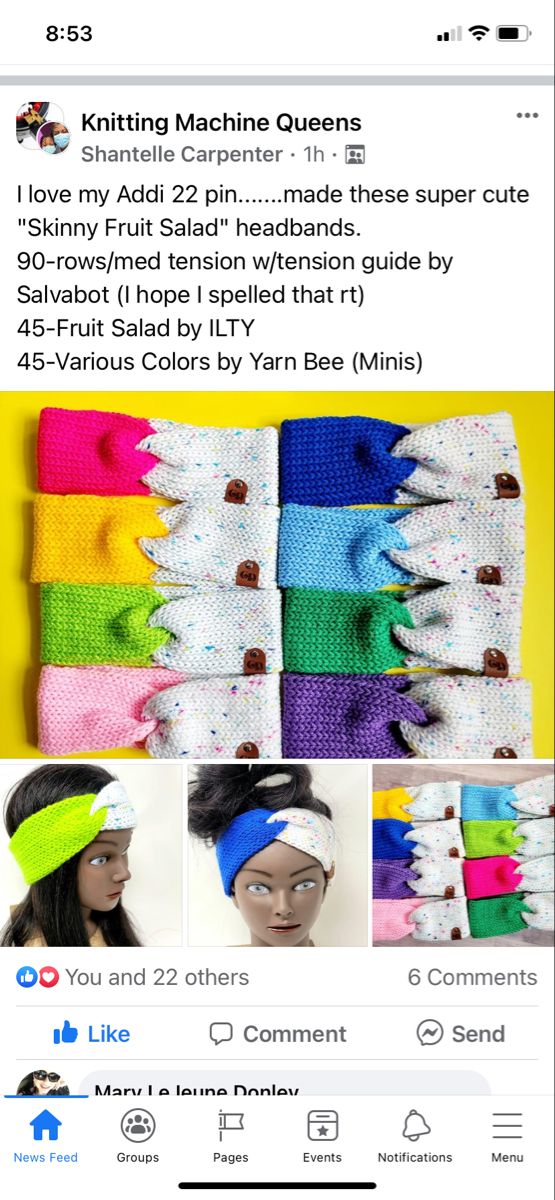 the facebook page for knitting machine queens, with pictures of different types of knitted headbands