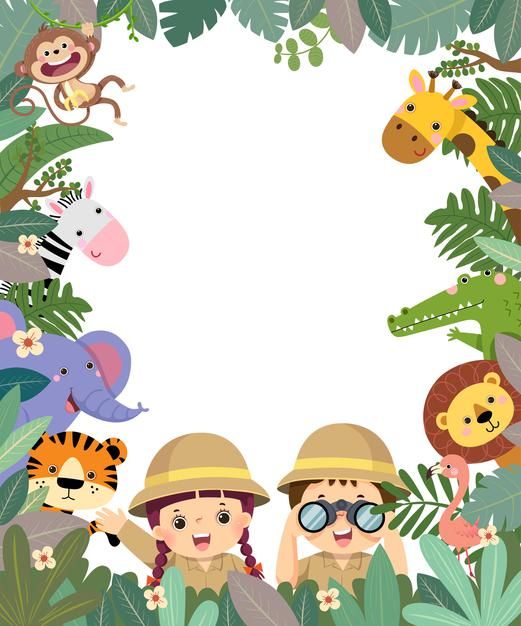 two children wearing safari hats are surrounded by jungle animals and plants, with a blank space in the middle