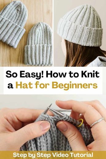 the instructions to knit a hat for beginners are shown in three different pictures and text that reads, so easy how to knit a hat for beginners