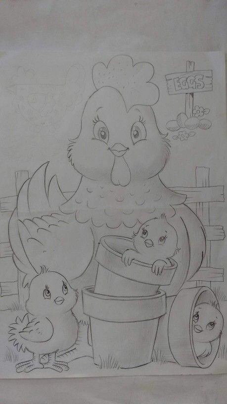 a drawing of a chicken and two chicks in a bucket with a sign on it