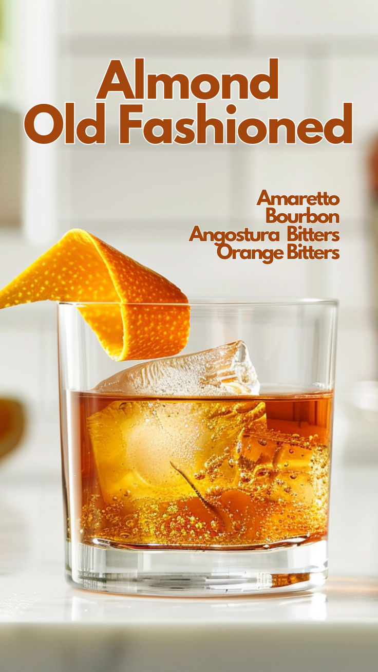 Almond Old Fashioned Old Fashioned With Amaretto, Amaretto Old Fashion, Old Fashioned Recipes Cocktail, Cocktail Mixology, Cocktails To Try, Bourbon Drinks, Cocktail Bitters, Fancy Cocktails, Creative Cocktail