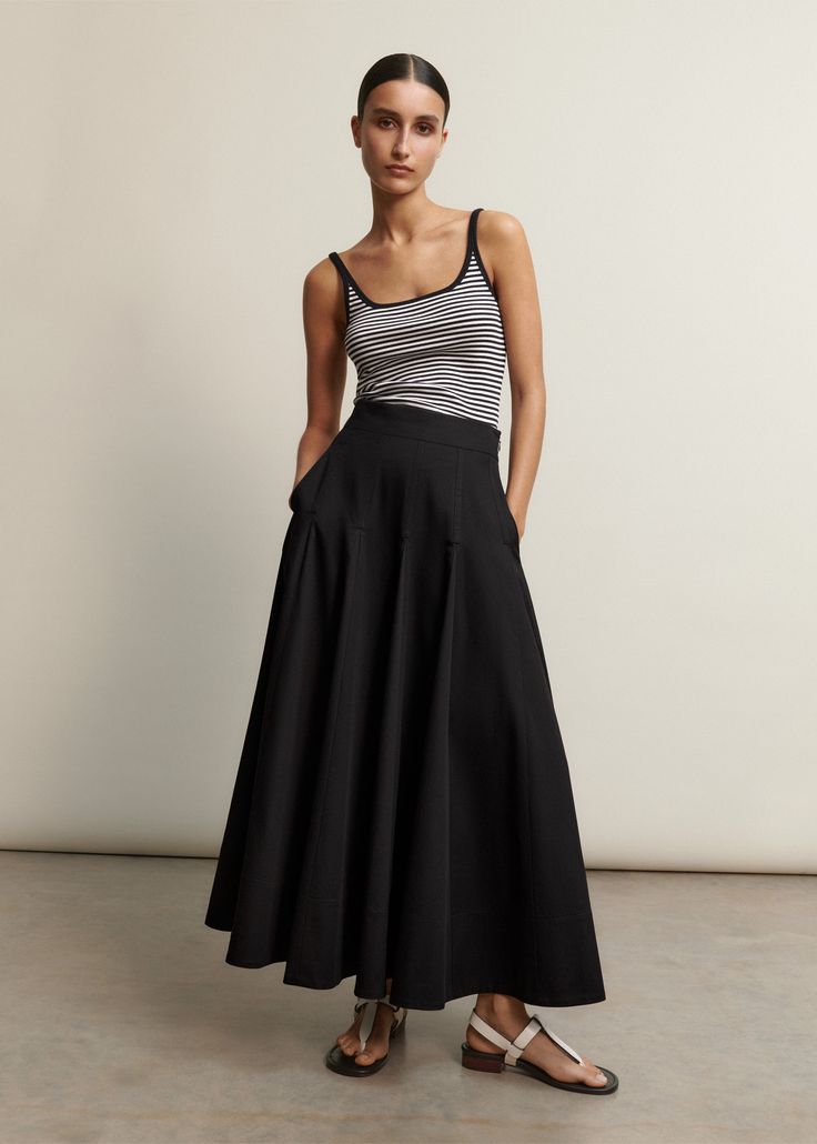 Heavy Cotton Sateen Maxi Skirt | ME+EM Black Knit Skirt Outfit Summer, Long Black Skirt Styling, Black Long Skirt With Voluminous Fit, Summer Black Maxi Skirt With Pockets, Black Voluminous Long Skirt, Black Cotton Maxi Skirt Relaxed Fit, Chic Flared Skirt With Wide Waistband, Black Voluminous Skirt For Fall, Black Tiered Skirt With Pockets