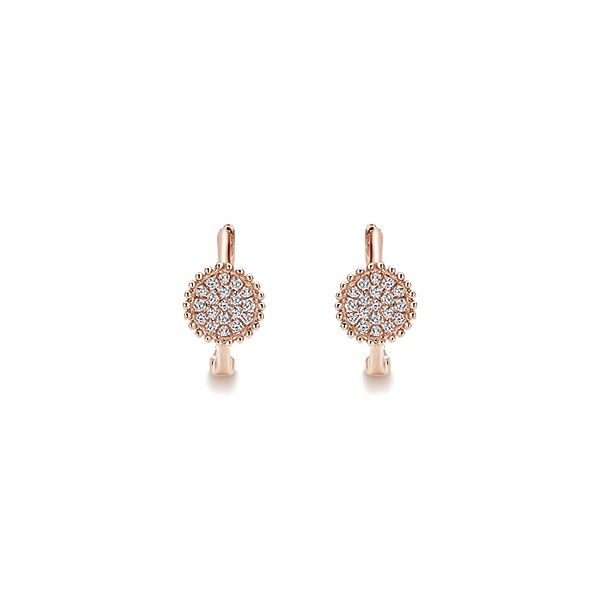 14k Rose Gold Huggies Huggie Earrings angle 3 Formal Rose Gold Earrings With Ear Wire, Luxury Cluster Drop Earrings With Halo Design, Luxury Halo Design Cluster Drop Earrings, Fine Jewelry Drop Earrings With Lever Back, Luxury Halo Design Drop Earrings, Luxury Rose Gold Clip-on Jewelry, Elegant Rose Gold Round Cluster Earrings, Luxury Round Earrings With Ear Wire, Single Round Rose Gold Earring