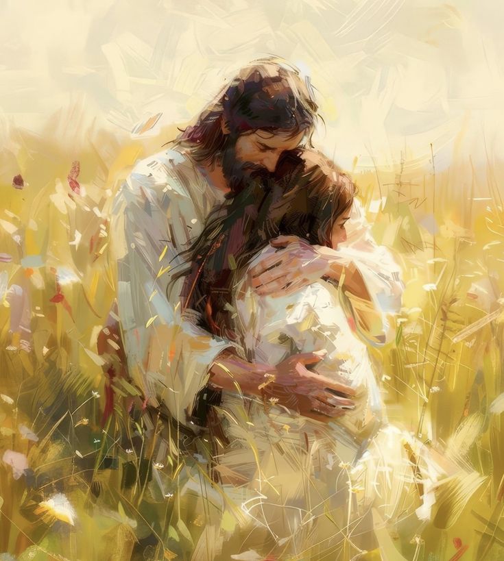 a painting of a man hugging a woman in a field