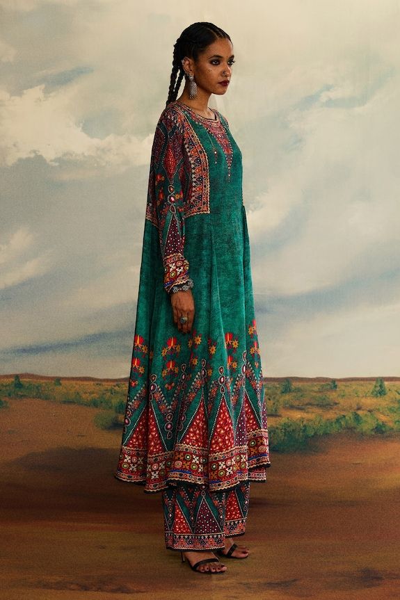 Teal green panelled A-line kurta with all over tribal print and button front. - Aza Fashions Rajdeep Ranawat, Kurta Women, Kurta Patterns, Kurta For Women, A Line Kurta, Green Silk, Womens Tunics, Teal Green, Aza Fashion