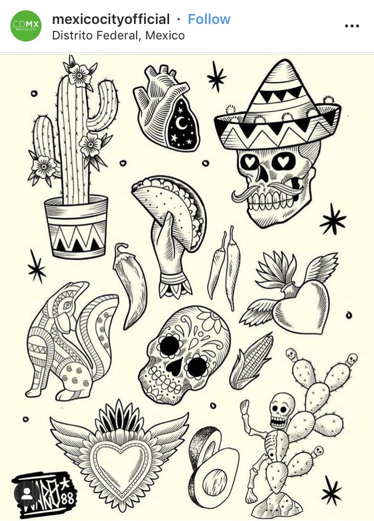 an image of mexican skulls and cactuses in black ink on white paper with stars