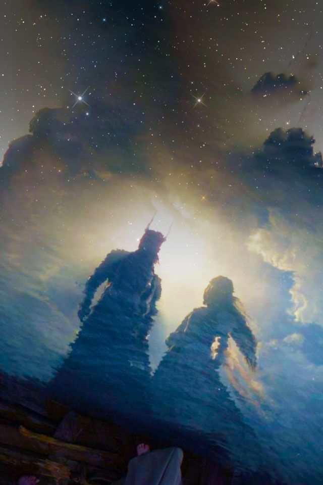 two people standing in front of a sky full of stars and clouds with the moon shining behind them