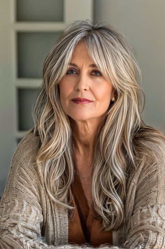 Discover 17 versatile long hairstyles for women over 60, each designed to offer a variety of looks from casual to formal. Older Woman Bangs Hair, Long Hair With Bangs 50 Year Old Women, Medium Long Length Hair Styles, Women Over 50 Long Hairstyles, Long Hair Styles For 50+ Women, Long Hair Over 60 Aging Gracefully, Long Hair Over 50 Older Women, Long Hair Older Women, Long Hair Highlights