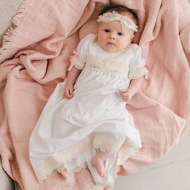 Chloe layette gown baby laying Cream Baptism Dress With Lace Trim For Spring, Fitted Cotton Baptism Dress With Lace Trim, Cream Cotton Baptism Dress, Pink Silk Ribbon, Heirloom Gifts, Lace Headbands, Christening Gowns, Gifts For New Parents, Home Outfit