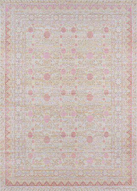 a beige and pink rug with an intricate design on the bottom, in front of a white background