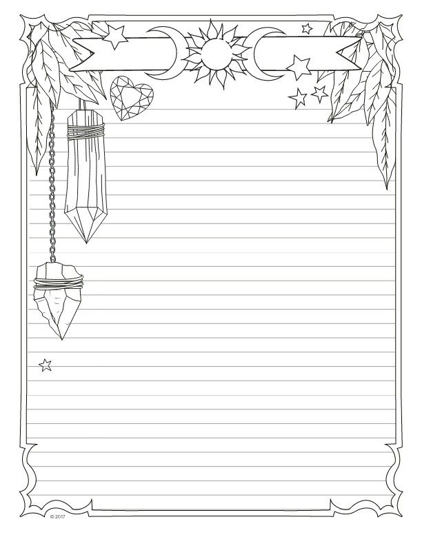 a blank lined paper with stars, moon and beads hanging from the strings on it