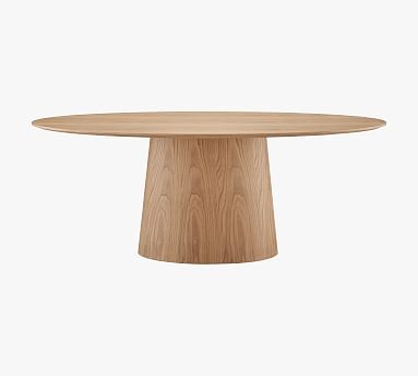 an oval wooden table on a white background with no one around it or someone else