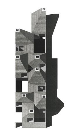 a black and white image of an abstract building with many different shapes on the side