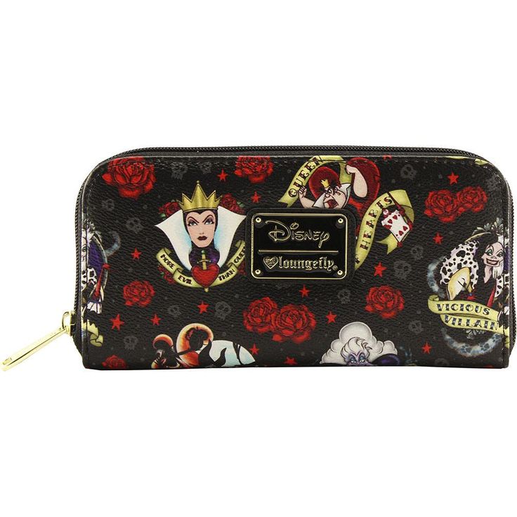 PRICES MAY VARY. Faux Leather Faux Leather lining Zipper closure Dry Cloth Clean Officially Licensed Disney Wallet Faux leather with printed details. Zipper closure 8 card slots, 2 bill-size/checkbook slots, and is divided by a center zippered coin purse compartment which makes two additional slots Measures 8 in x 4 in x 1 in Disney Female Villains, Villains Tattoo, Disney Wallet, Disney Products, Disney Purse, Female Villains, Fun Wallets, Roses Tattoo, Loungefly Bag