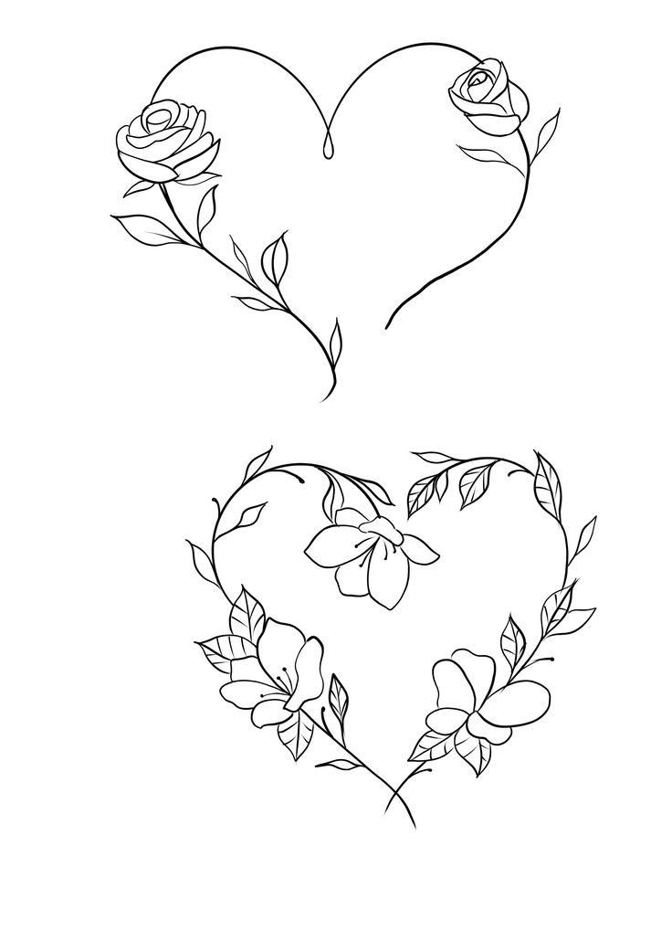 two hearts with roses and leaves on them