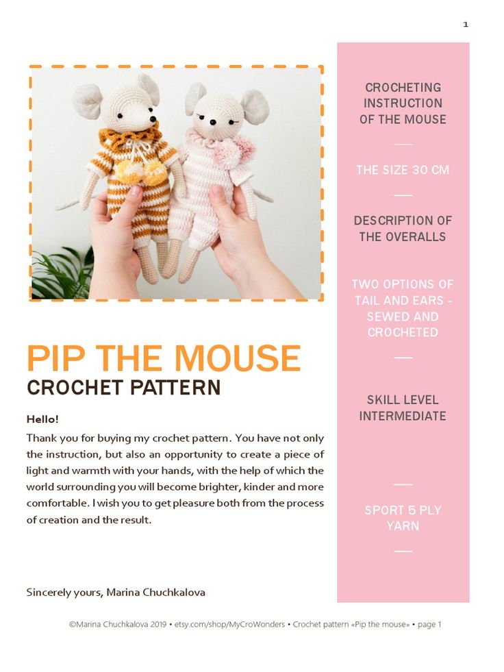 a brochure with two stuffed animals in it's hands and the text pip the mouse crochet pattern