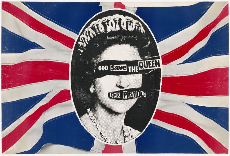 a british flag with an image of the queen on it's face and blindfolds