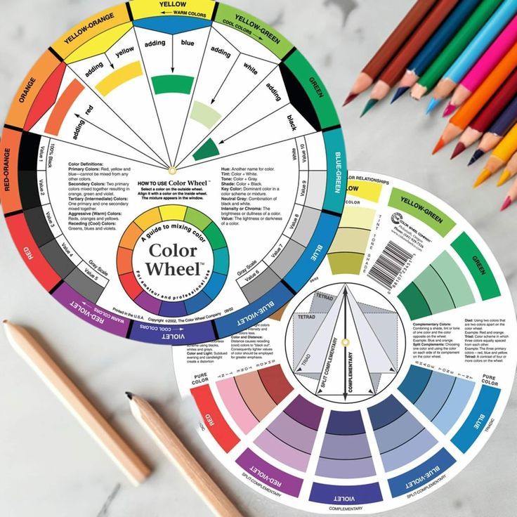 color wheel with pencils and markers next to it