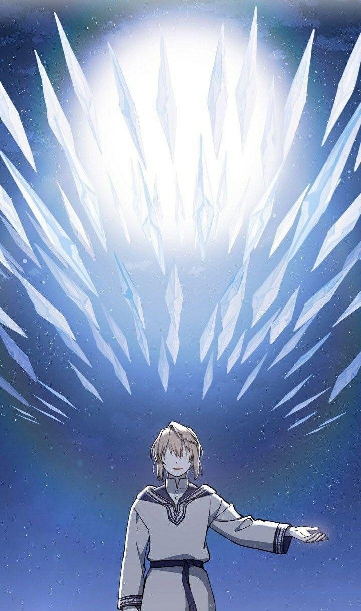 an anime character is standing in front of ice crystals