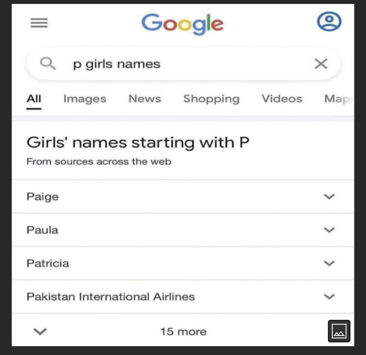 the google search for girls names starting with p