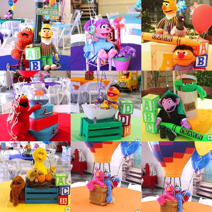 the sesame street characters are on display for everyone to know what is in their basket