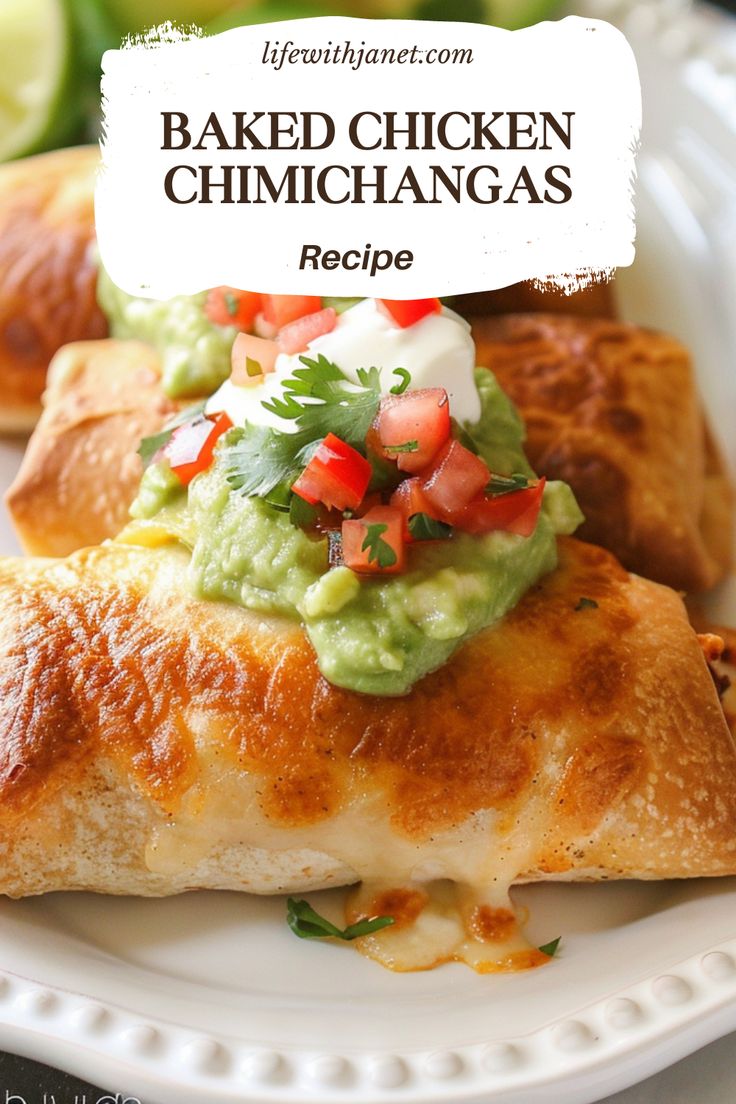 baked chicken chimichangas with guacamole and sour cream on top