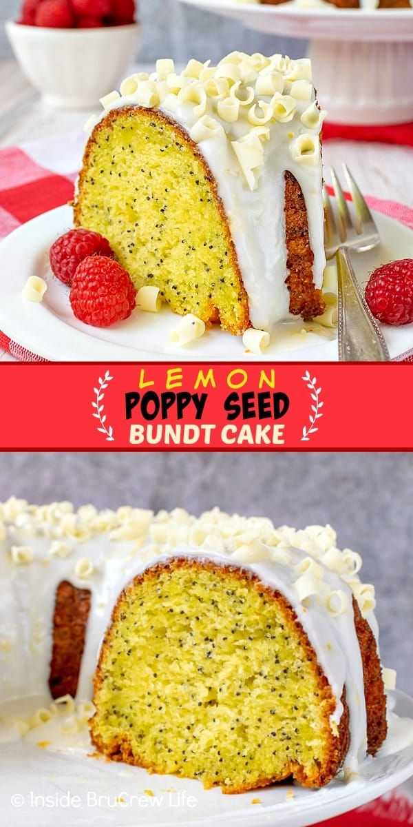 lemon poppy seed bundt cake on a plate with raspberries