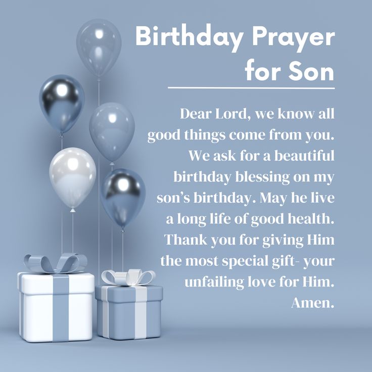 a birthday card for a son with balloons and gift boxes on the ground, in front of a blue background