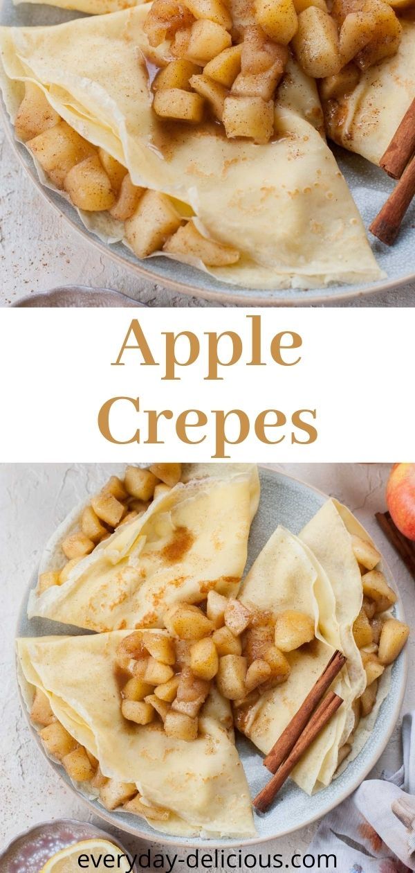 apple crepes on a plate with cinnamon sticks