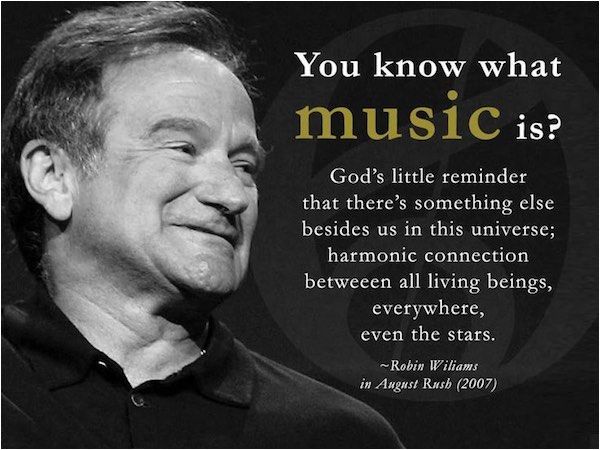 a black and white photo with an image of a man smiling in front of the caption you know what music is? god's little reminder that there's something else