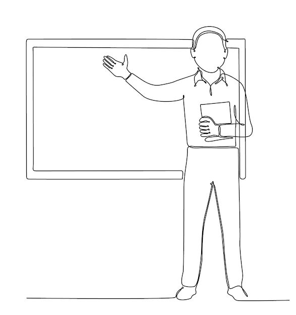 a man standing in front of a blackboard giving a presentation to someone on the other side