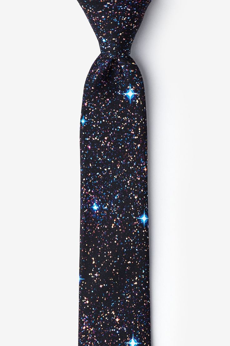 a black tie with blue and pink stars on it's side, against a white background