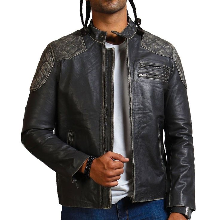 Men's distressed retro leather jacket made with authentic leather is designed in the elegant color of grey. This Biker Style Distressed Jacket features quilted diamond design on shoulders and elbow, with zipper pockets in front so you can carry all your essentials on the go. Material: Genuine Leather Inner: Viscose Color: Grey Zipper: YKK Size: XS - 5XL NOTE: The size-chart is in accordance with the actual chest size of a person, for-example: XS is suitable for the person having chest size 37-38 Fitted Leather Jacket For Urban Adventures, Rugged Distressed Leather Jacket For Biker Events, Distressed Leather Jacket For Biker Events, Rugged Long Sleeve Biker Jacket For Winter, Rugged Fitted Leather Jacket For Biker Events, Distressed Brown Fitted Biker Jacket For Events, Fitted Distressed Brown Biker Jacket, Distressed Long Sleeve Outerwear For Urban Adventures, Rugged Long Sleeve Distressed Leather Jacket