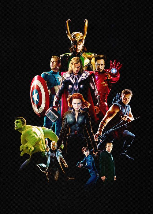 the avengers movie poster is shown with all their characters in front of black background, including captain america