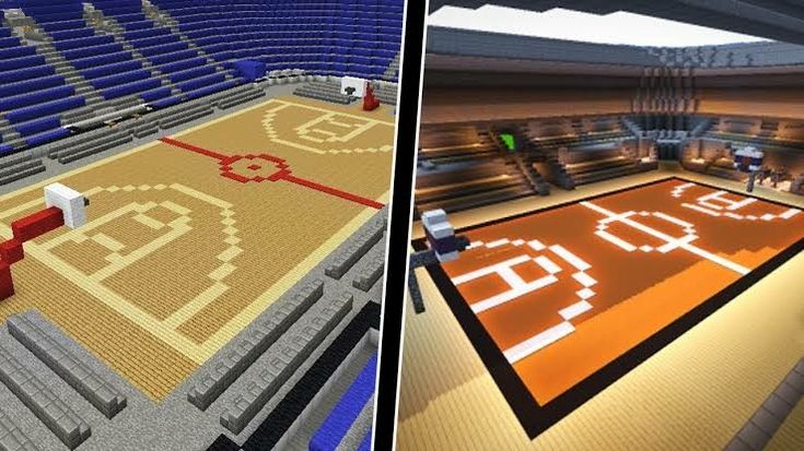 two screens showing the inside and outside of an arena in minecraft, one with a basketball court