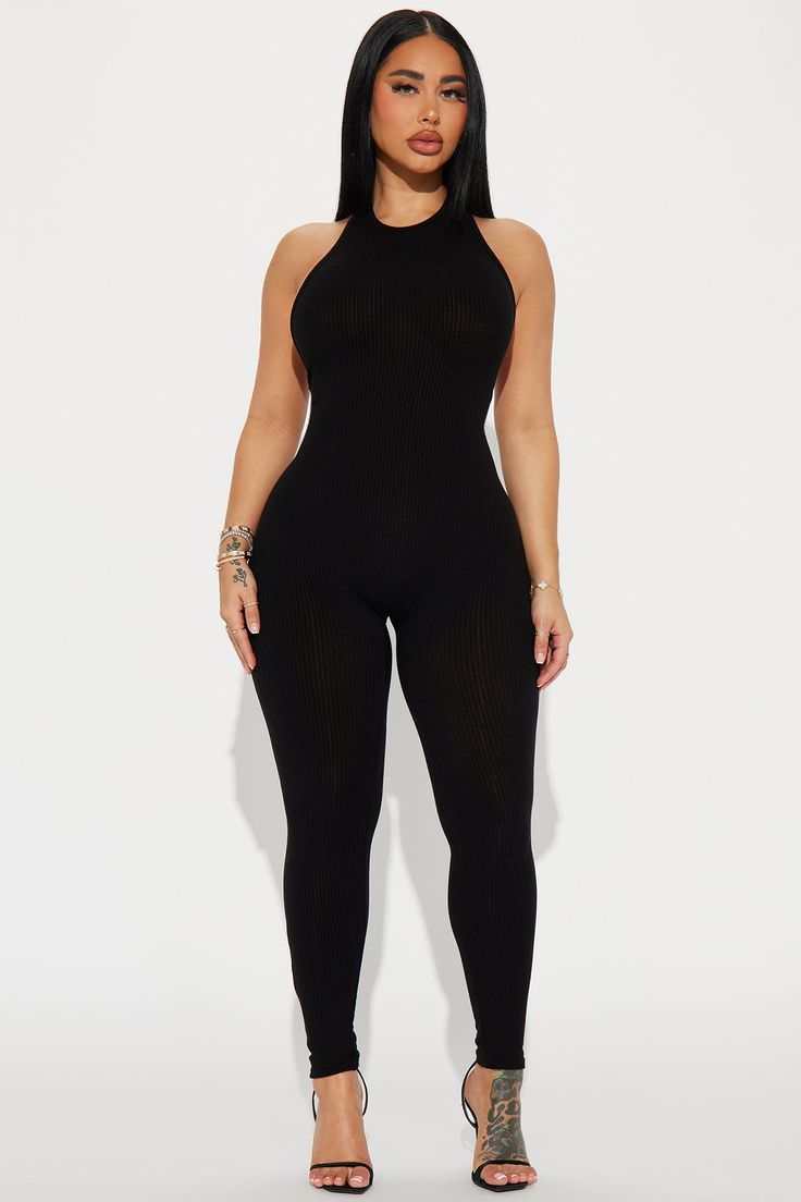 Available In Black, Magenta, And Green. Ribbed Jumpsuit Halter Sleeveless Low Back Legging Stretch 93% Rayon 7% Spandex Imported | Work On It Jumpsuit in Black size Medium by Fashion Nova